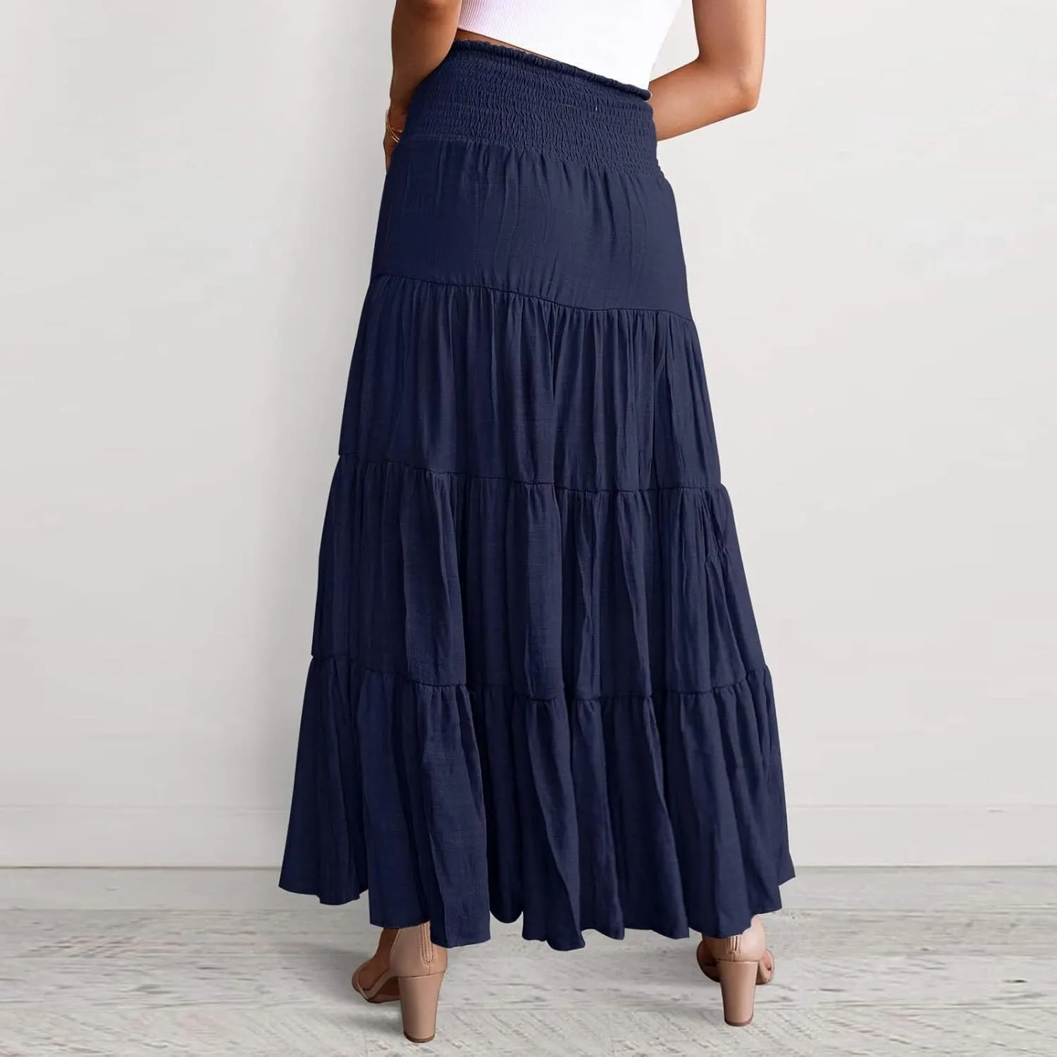 Long Pleated Skirts for Women A Line Summer High Waist Maxi Skirts Tiered Bohemian Flowy Drawstring Casual Skirts