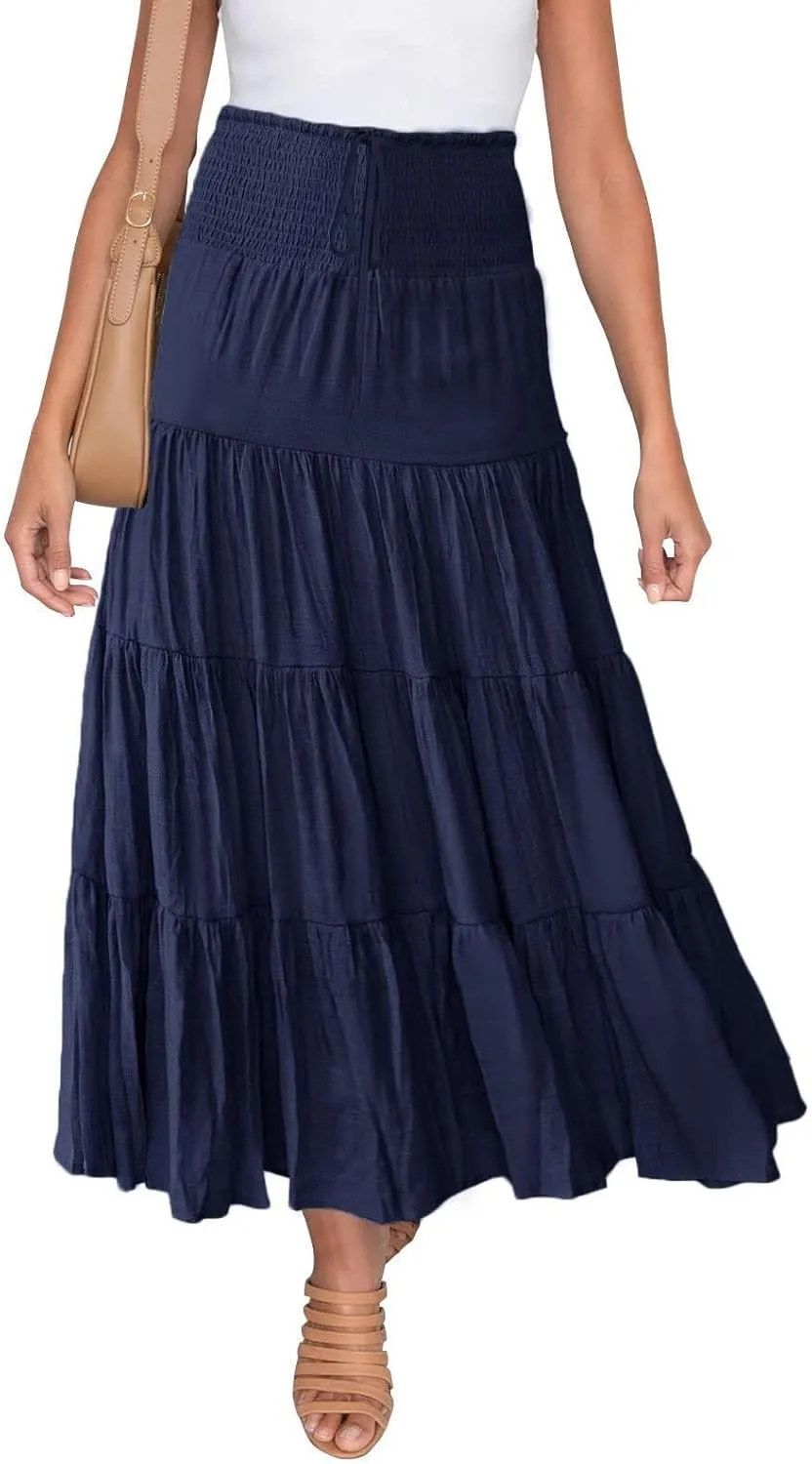 Long Pleated Skirts for Women A Line Summer High Waist Maxi Skirts Tiered Bohemian Flowy Drawstring Casual Skirts