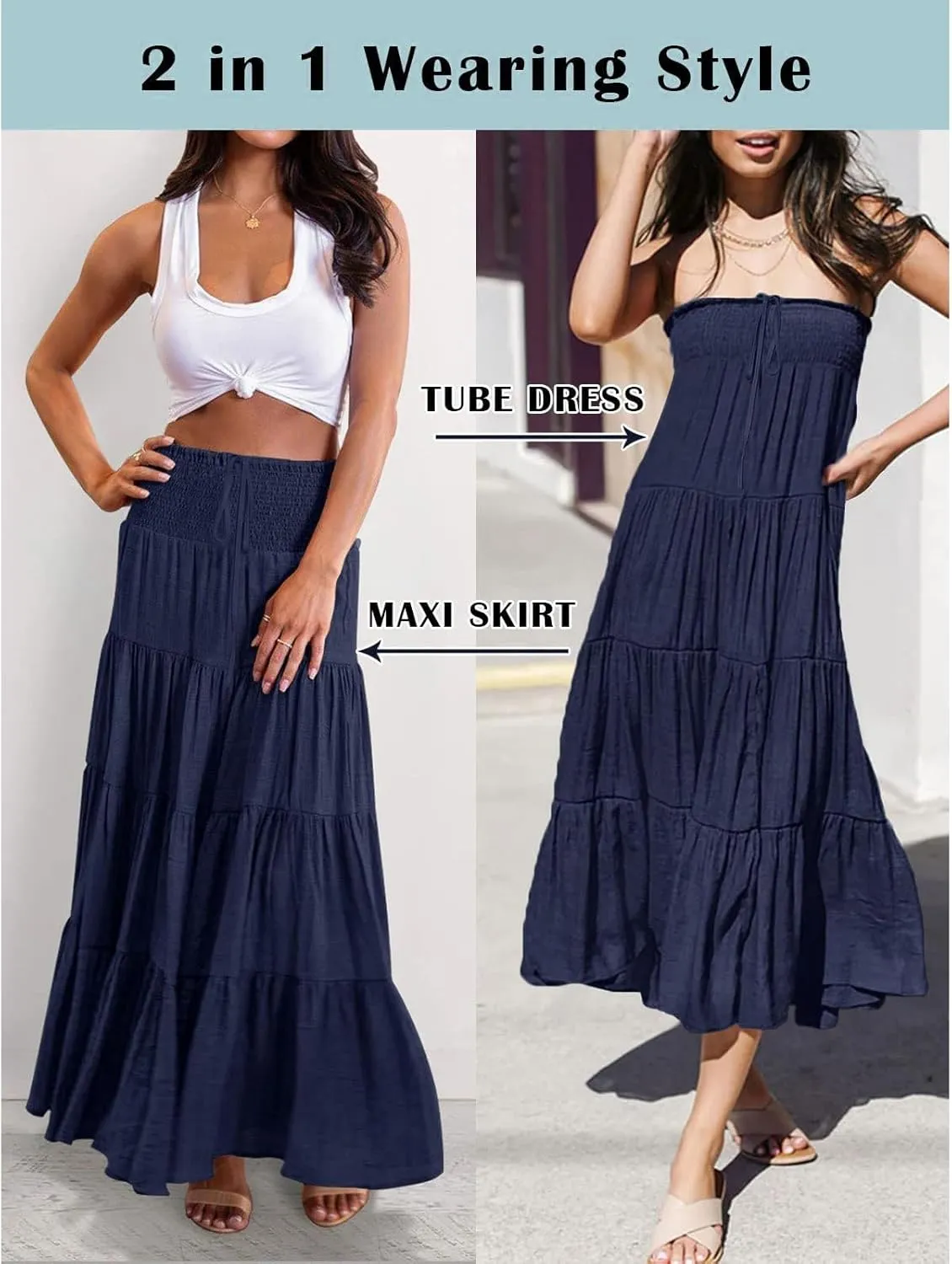 Long Pleated Skirts for Women A Line Summer High Waist Maxi Skirts Tiered Bohemian Flowy Drawstring Casual Skirts