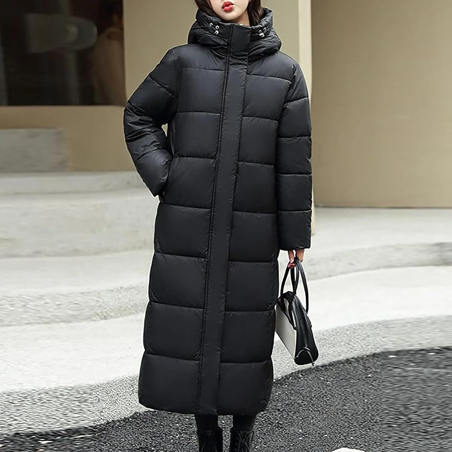 Long Puffer Jacket for Women, 2024 Winter Coat Hooded with Pockets Ladies Long Puffer Zip Up Casual Quilted Outerwear