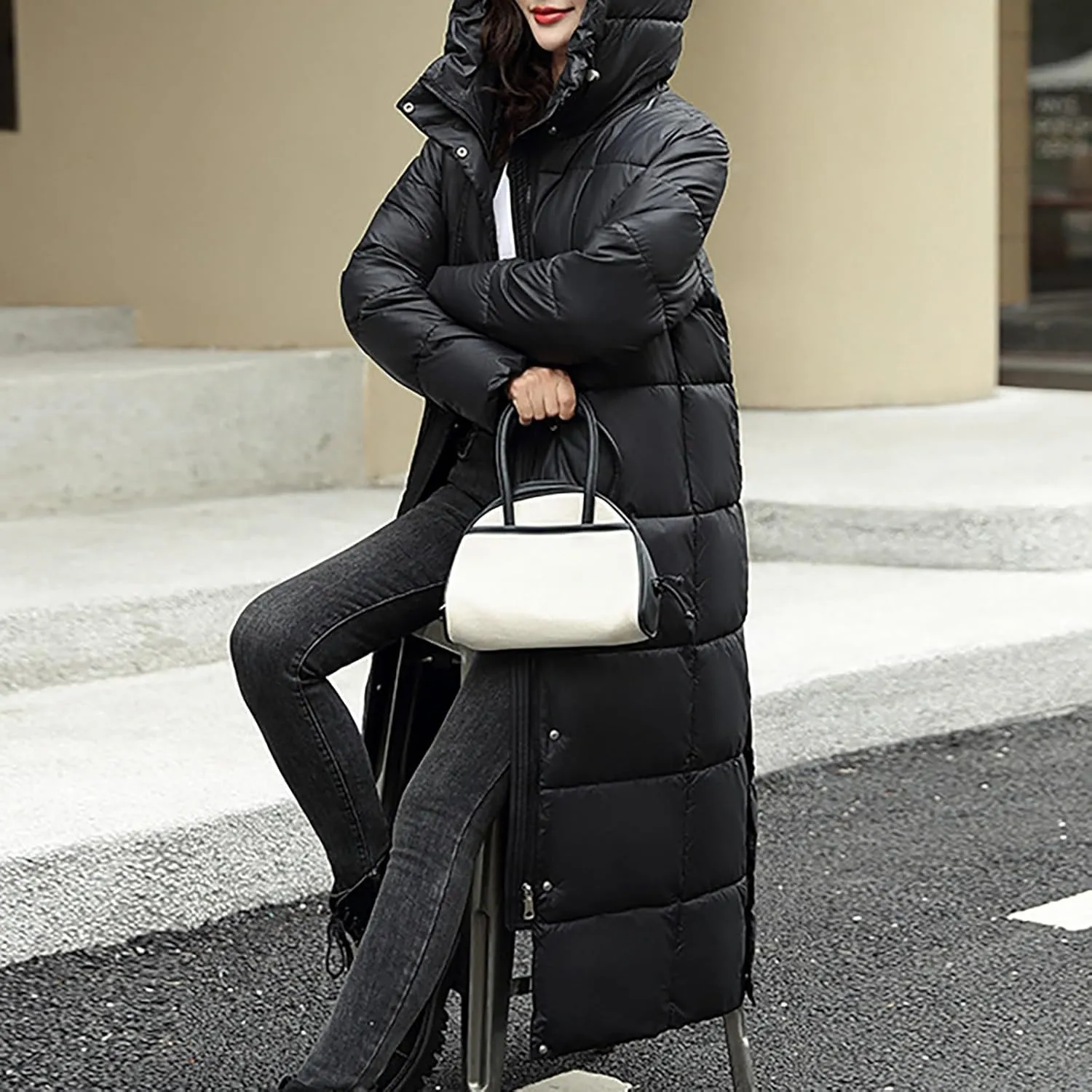 Long Puffer Jacket for Women, 2024 Winter Coat Hooded with Pockets Ladies Long Puffer Zip Up Casual Quilted Outerwear