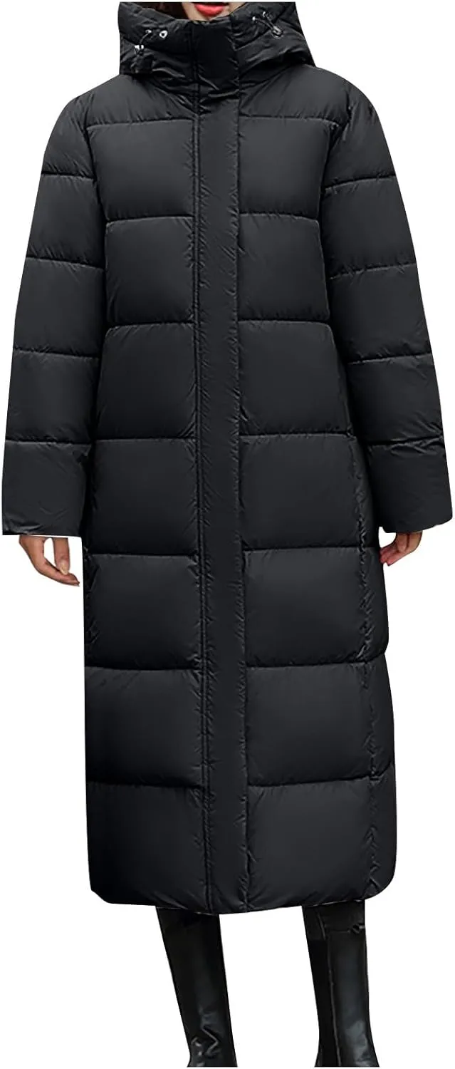 Long Puffer Jacket for Women, 2024 Winter Coat Hooded with Pockets Ladies Long Puffer Zip Up Casual Quilted Outerwear