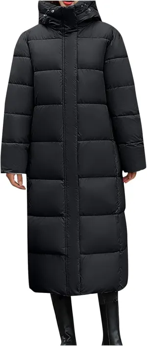Long Puffer Jacket for Women, 2024 Winter Coat Hooded with Pockets Ladies Long Puffer Zip Up Casual Quilted Outerwear