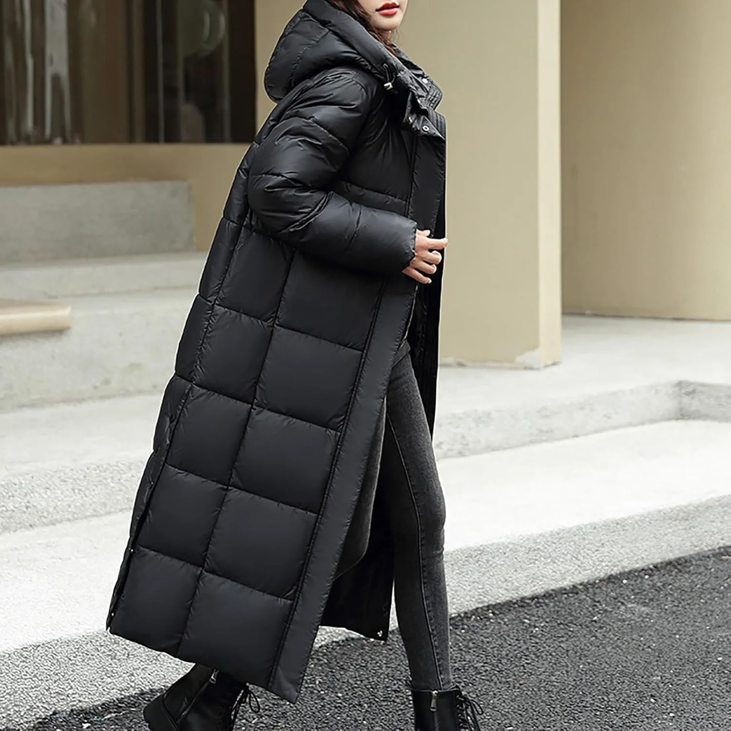 Long Puffer Jacket for Women, 2024 Winter Coat Hooded with Pockets Ladies Long Puffer Zip Up Casual Quilted Outerwear