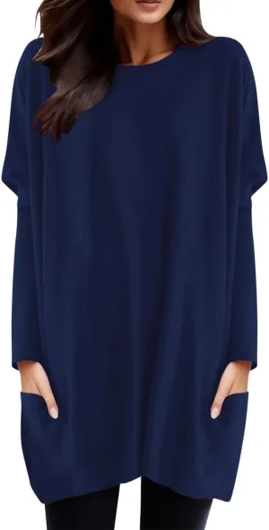Long Shirts for Women Oversized Crewneck Long Sleeve T Shirts Casual Solid Tees with Pockets Trendy Plus Size Tops