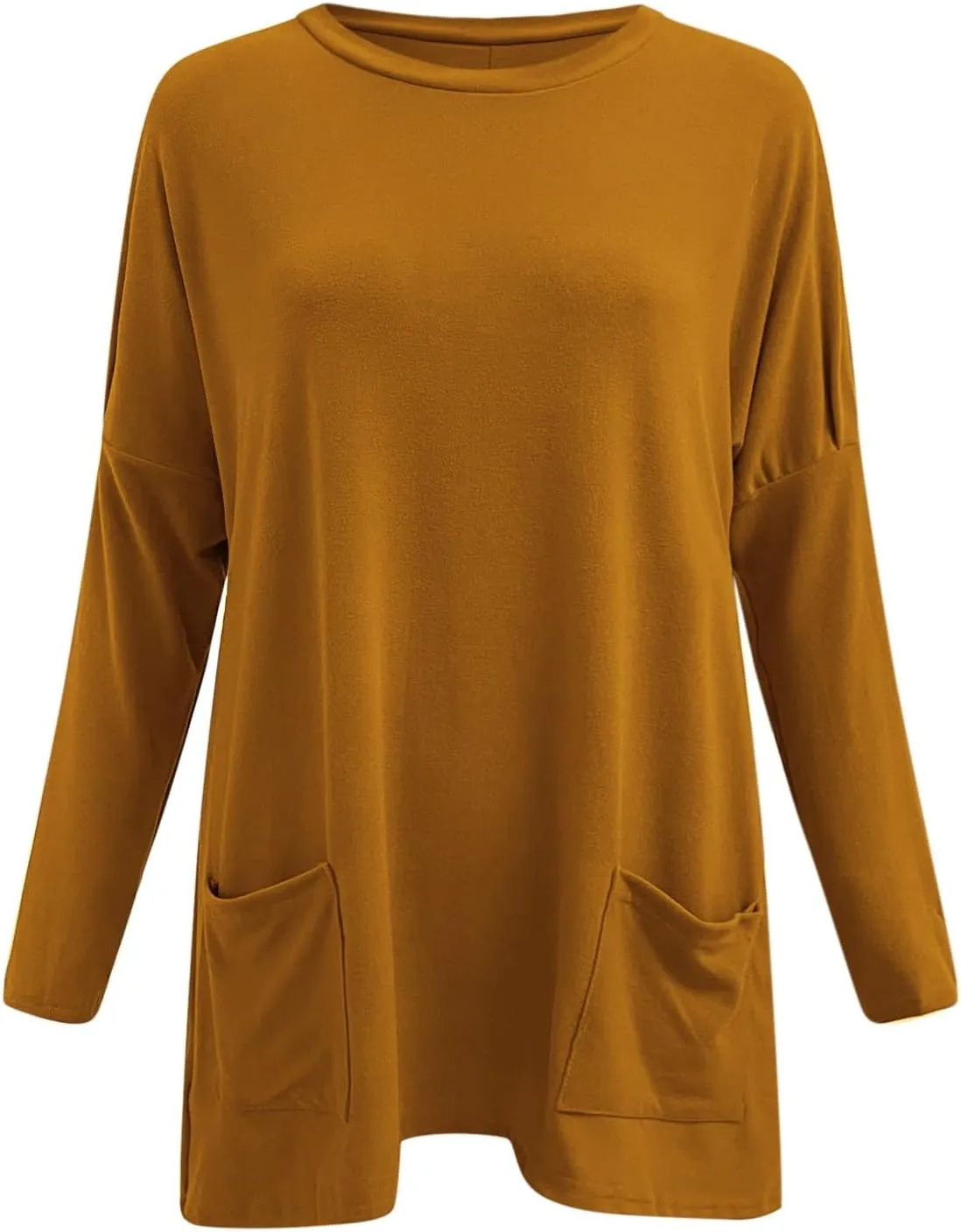 Long Shirts for Women Oversized Crewneck Long Sleeve T Shirts Casual Solid Tees with Pockets Trendy Plus Size Tops