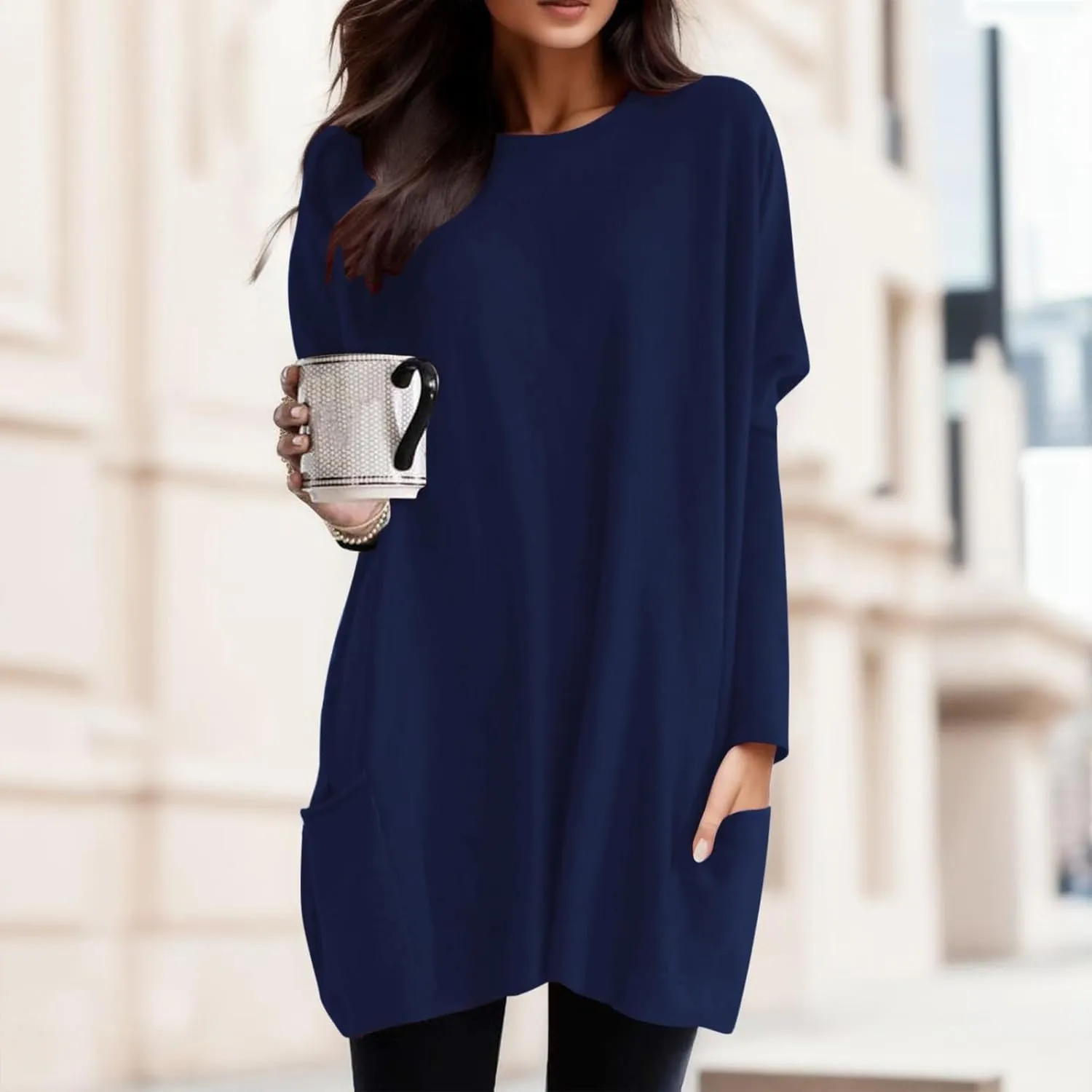 Long Shirts for Women Oversized Crewneck Long Sleeve T Shirts Casual Solid Tees with Pockets Trendy Plus Size Tops