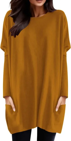 Long Shirts for Women Oversized Crewneck Long Sleeve T Shirts Casual Solid Tees with Pockets Trendy Plus Size Tops