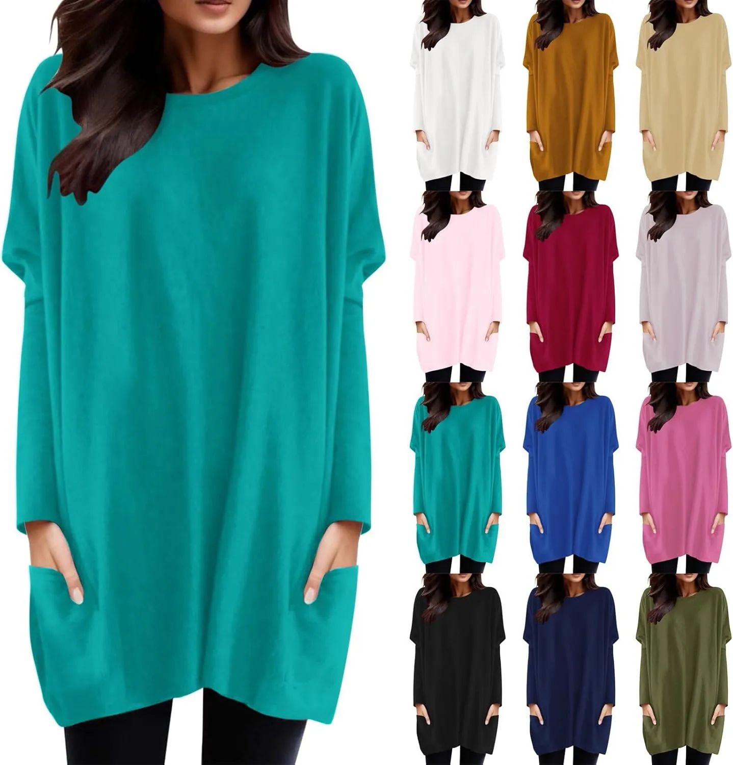 Long Shirts for Women Oversized Crewneck Long Sleeve T Shirts Casual Solid Tees with Pockets Trendy Plus Size Tops