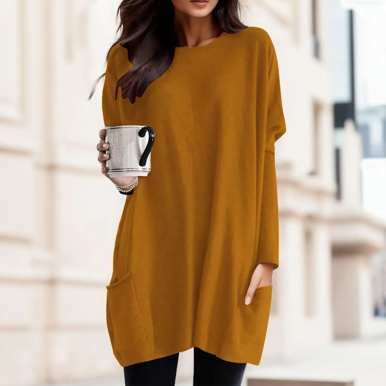 Long Shirts for Women Oversized Crewneck Long Sleeve T Shirts Casual Solid Tees with Pockets Trendy Plus Size Tops