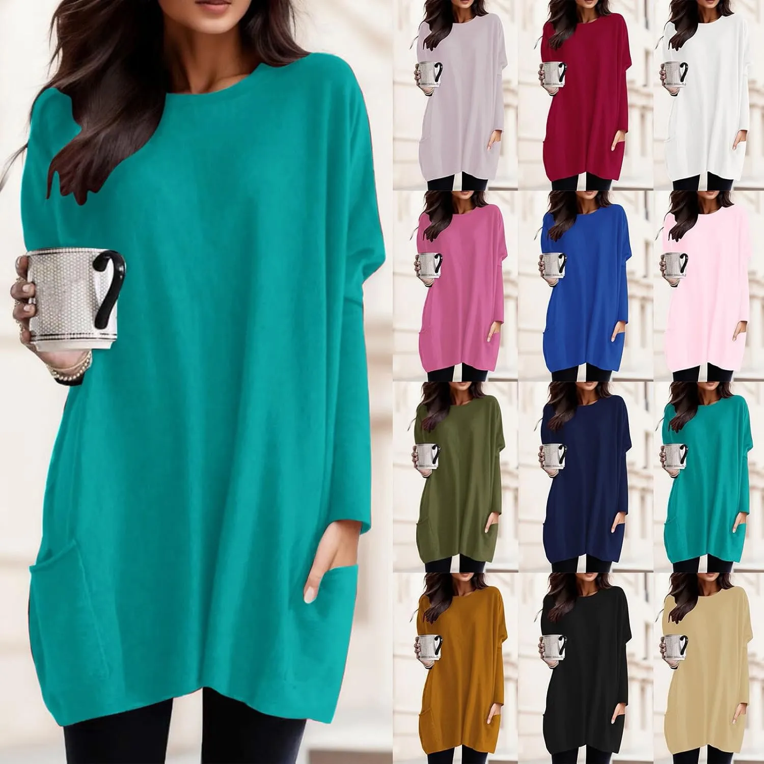 Long Shirts for Women Oversized Crewneck Long Sleeve T Shirts Casual Solid Tees with Pockets Trendy Plus Size Tops