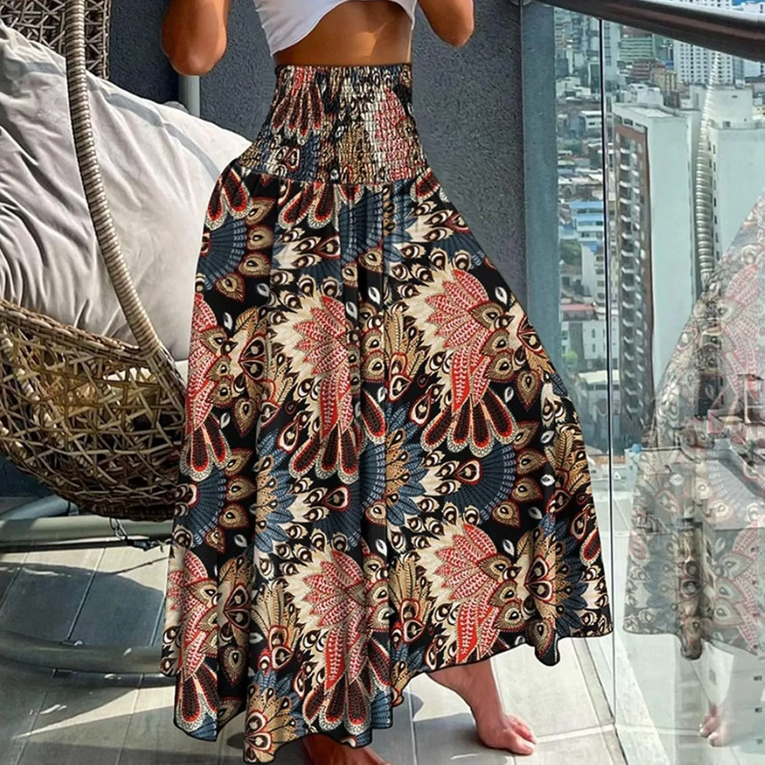 Long Skirts for Women Summer Bohemian Lace Up Floral Print Flowy Long Skirt Beach Casual Maxi Skorts Vacation