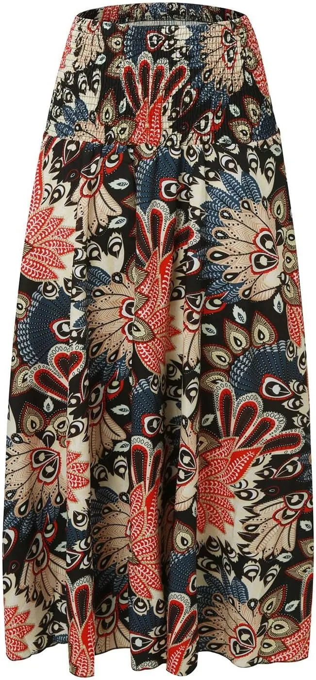 Long Skirts for Women Summer Bohemian Lace Up Floral Print Flowy Long Skirt Beach Casual Maxi Skorts Vacation