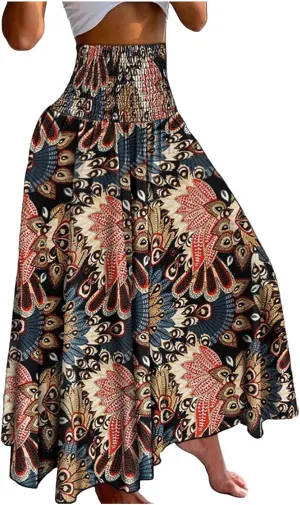 Long Skirts for Women Summer Bohemian Lace Up Floral Print Flowy Long Skirt Beach Casual Maxi Skorts Vacation