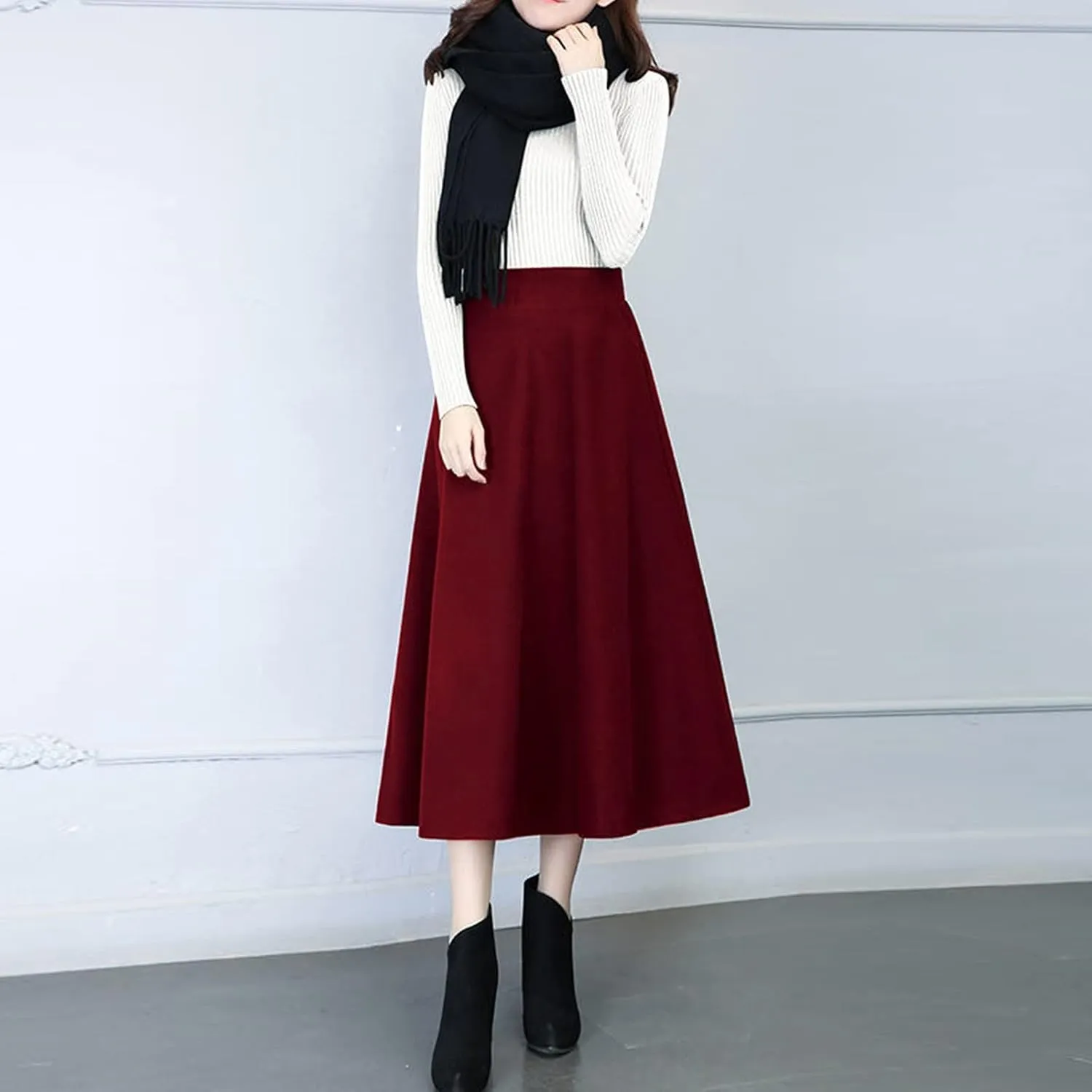 Long Skirts for Women Trendy A-Line High Elastic Waist Solid Loose Tummy Control Pleated Skirts with Pockets