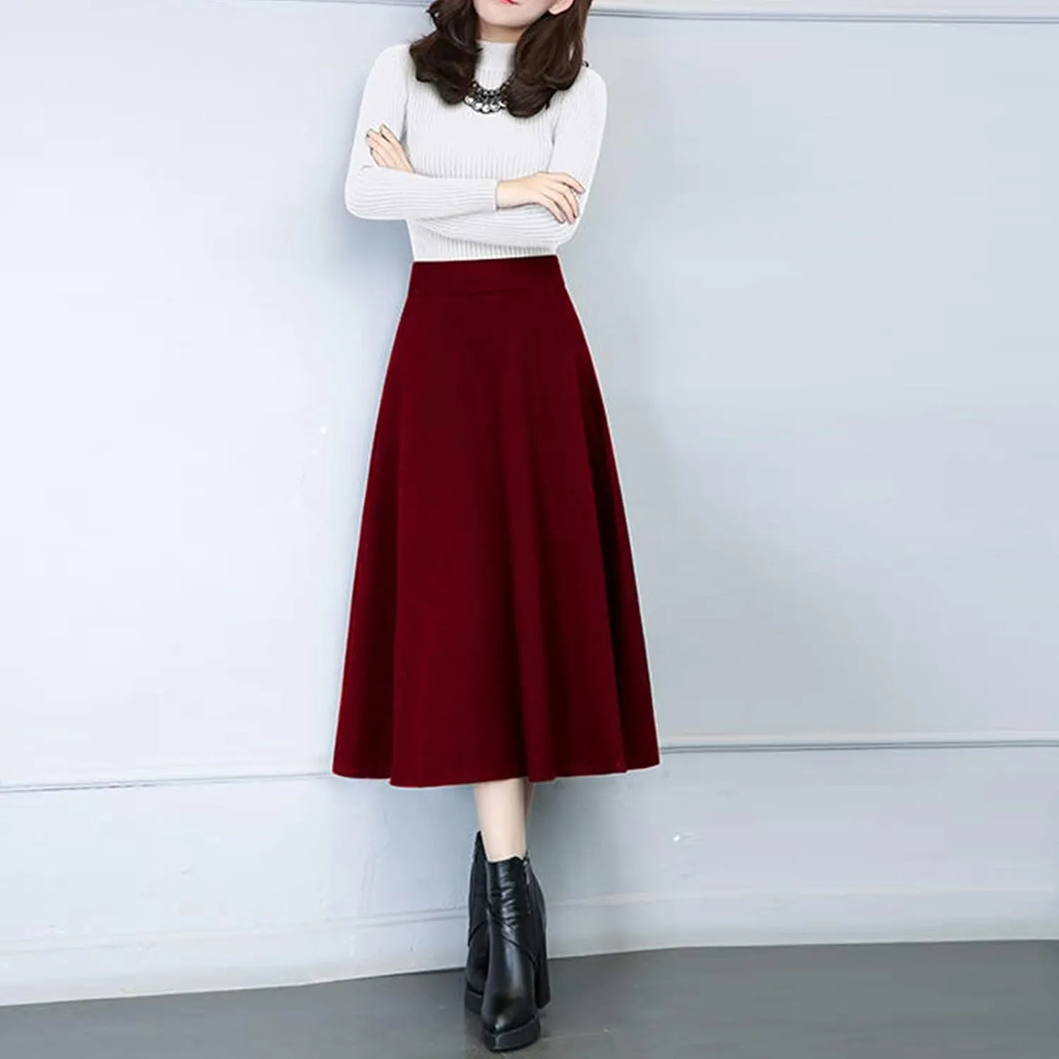 Long Skirts for Women Trendy A-Line High Elastic Waist Solid Loose Tummy Control Pleated Skirts with Pockets