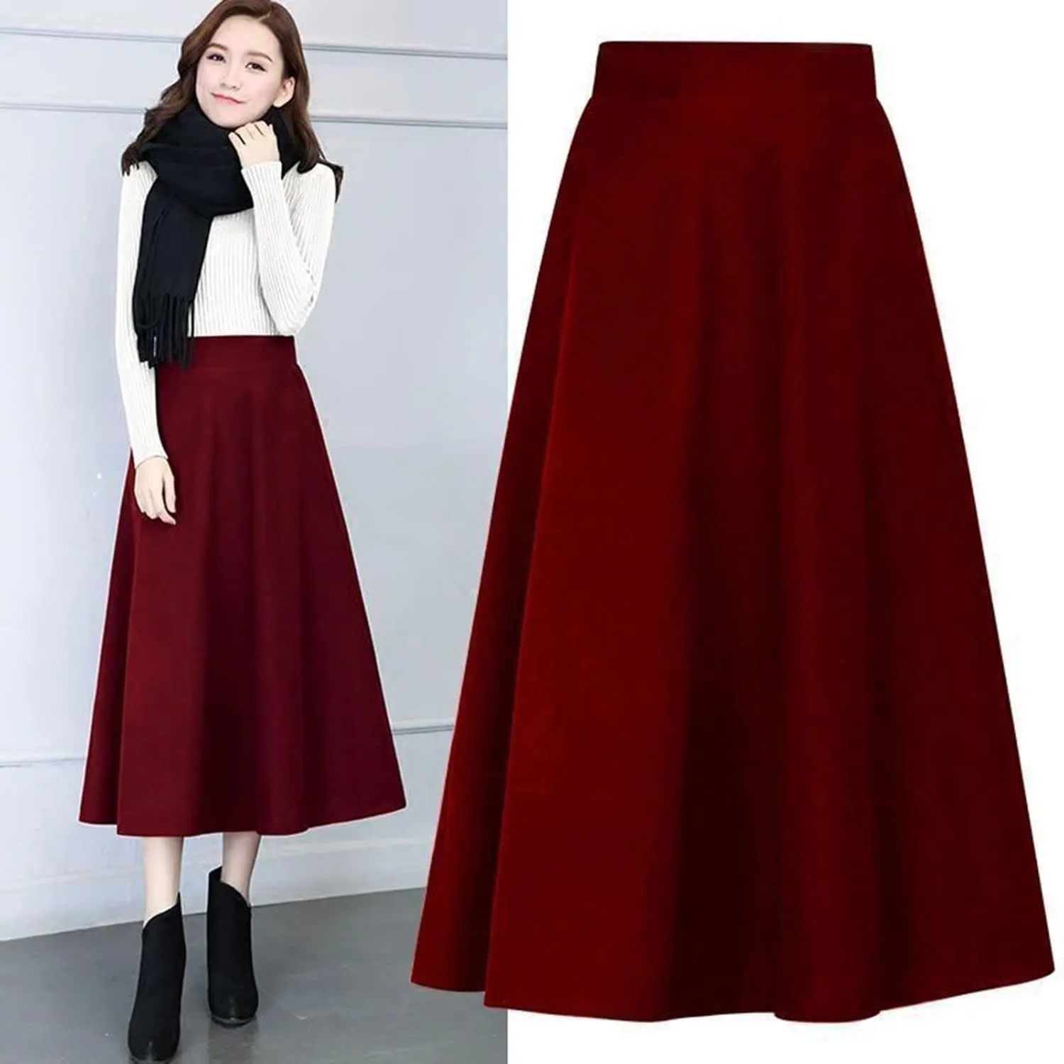 Long Skirts for Women Trendy A-Line High Elastic Waist Solid Loose Tummy Control Pleated Skirts with Pockets