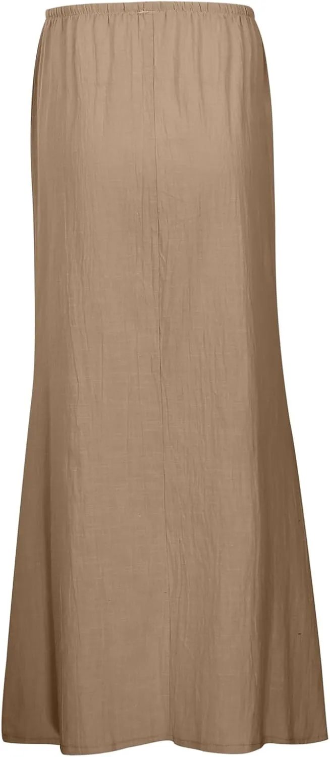 Long Skirts for Women with Slit High Elastic Waist Loose Solid Casual Maxi Skirt for Women Trendy 2025 Summer Vacation