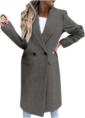 Long Trench Coats for Women Winter Jacket with Pocket Wool Blend Peacoat Notched Lapel Single Coats