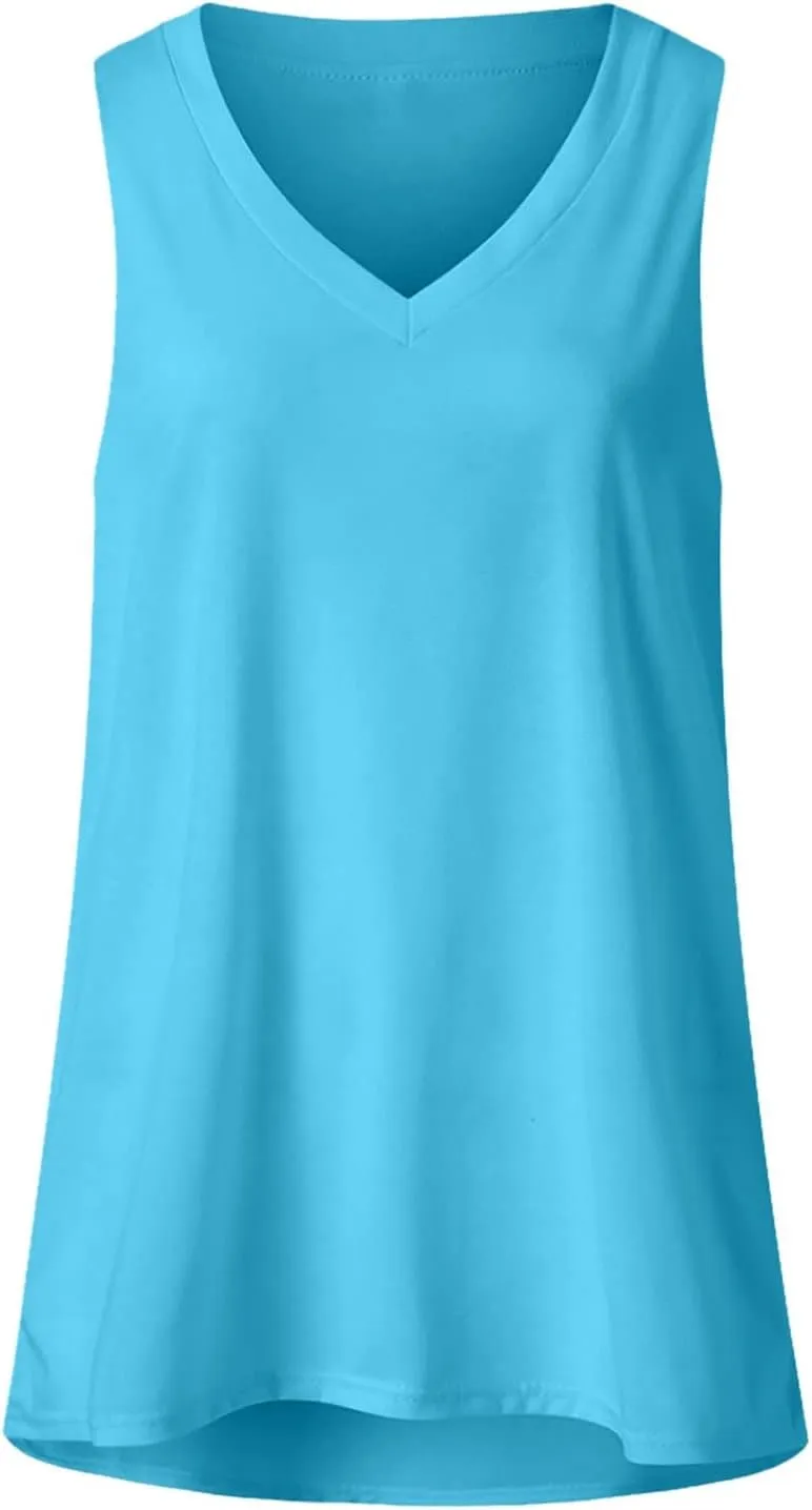 Long Tunic Tank Tops for Women 2024 Trendy Blouses Shirts V Neck Sleeveless Casual Summer Tshirts Vacation Clothes