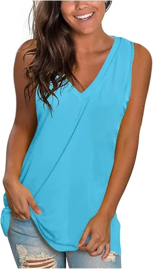 Long Tunic Tank Tops for Women 2024 Trendy Blouses Shirts V Neck Sleeveless Casual Summer Tshirts Vacation Clothes