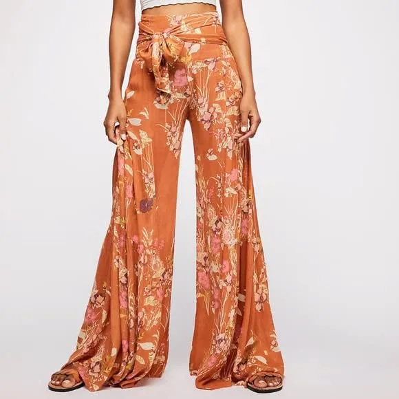 Lrady Women Wide Leg Palazzo Lounge Pants Printed Beach Summer Boho Tie-Waist Bell Bottoms Trousers
