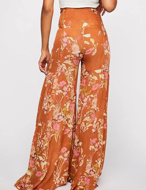 Lrady Women Wide Leg Palazzo Lounge Pants Printed Beach Summer Boho Tie-Waist Bell Bottoms Trousers