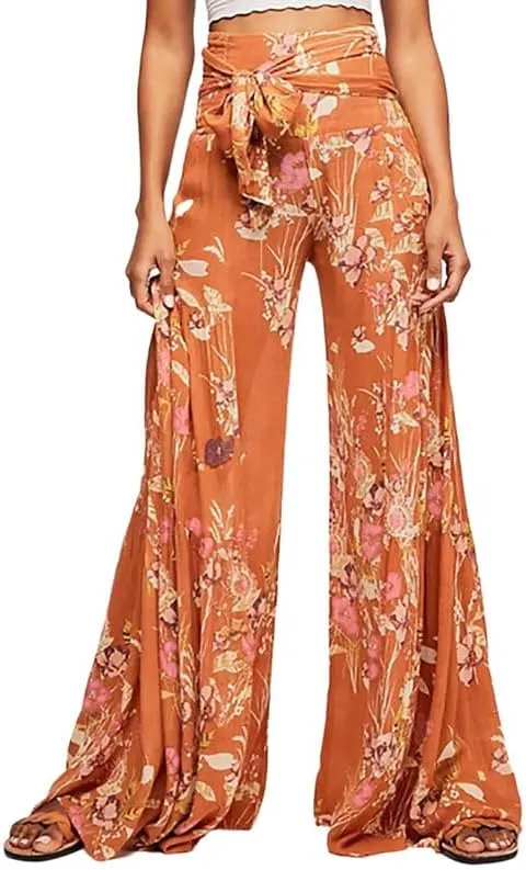 Lrady Women Wide Leg Palazzo Lounge Pants Printed Beach Summer Boho Tie-Waist Bell Bottoms Trousers