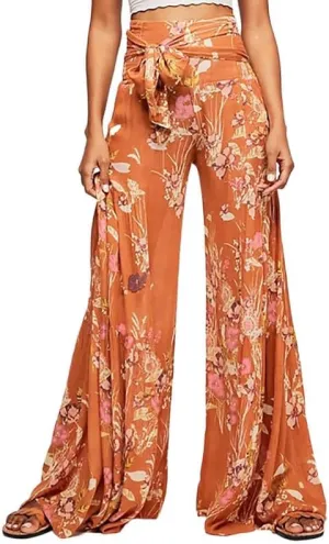 Lrady Women Wide Leg Palazzo Lounge Pants Printed Beach Summer Boho Tie-Waist Bell Bottoms Trousers