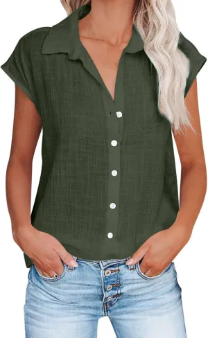 LRMQS Linen Shirts for Women Summer 2024 Button Down Lapel Cap Sleeve Shirt Tops Casual Beach Trendy Cotton Gauze Clothing