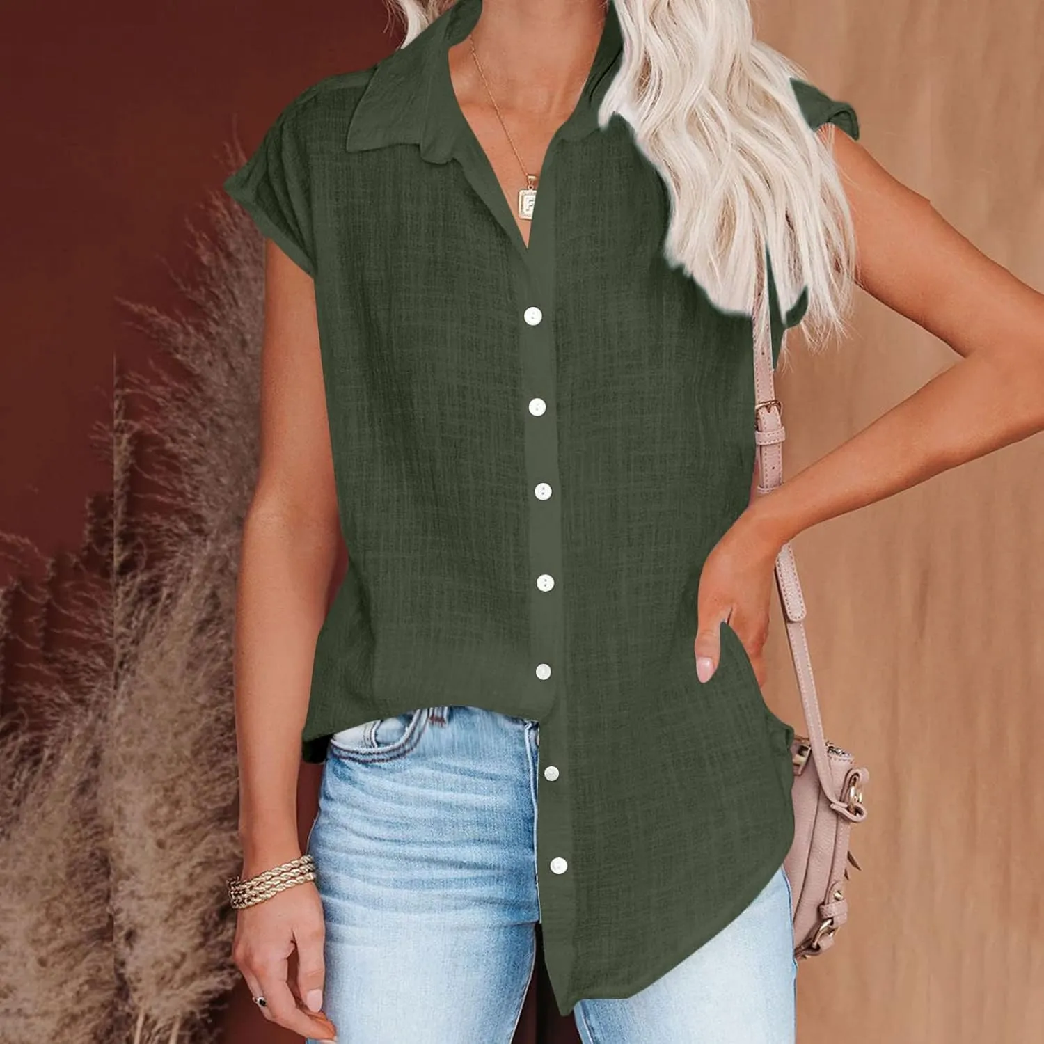 LRMQS Linen Shirts for Women Summer 2024 Button Down Lapel Cap Sleeve Shirt Tops Casual Beach Trendy Cotton Gauze Clothing
