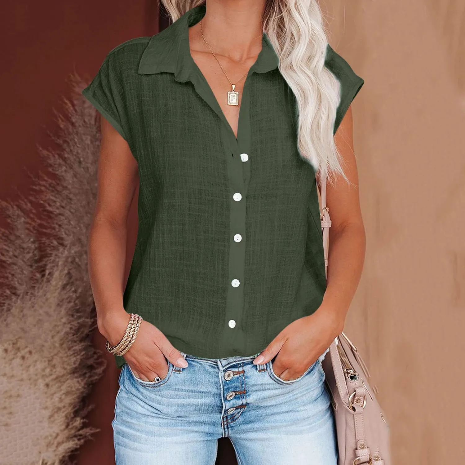 LRMQS Linen Shirts for Women Summer 2024 Button Down Lapel Cap Sleeve Shirt Tops Casual Beach Trendy Cotton Gauze Clothing