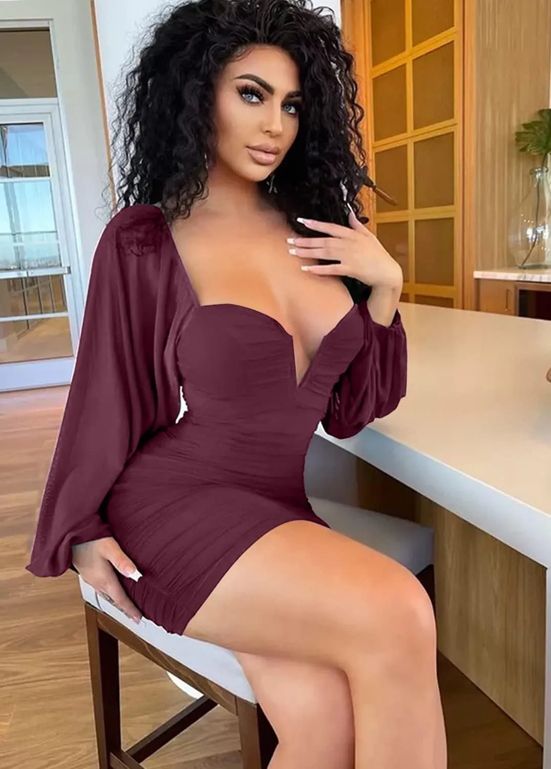 L'VOW Women's Sexy Ruched Plunge V Neck Bodycon Backless Mesh Puff Long Sleeve Mini Club Pencil Dress Partywear