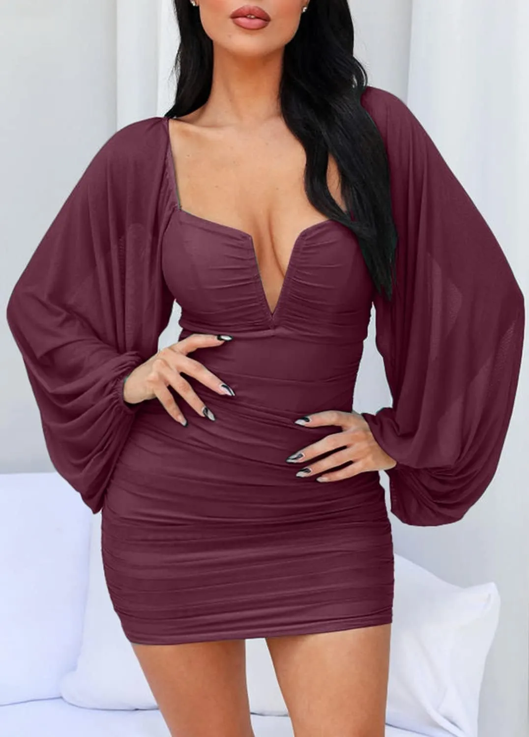 L'VOW Women's Sexy Ruched Plunge V Neck Bodycon Backless Mesh Puff Long Sleeve Mini Club Pencil Dress Partywear
