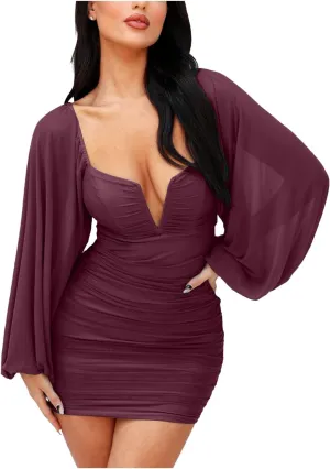 L'VOW Women's Sexy Ruched Plunge V Neck Bodycon Backless Mesh Puff Long Sleeve Mini Club Pencil Dress Partywear