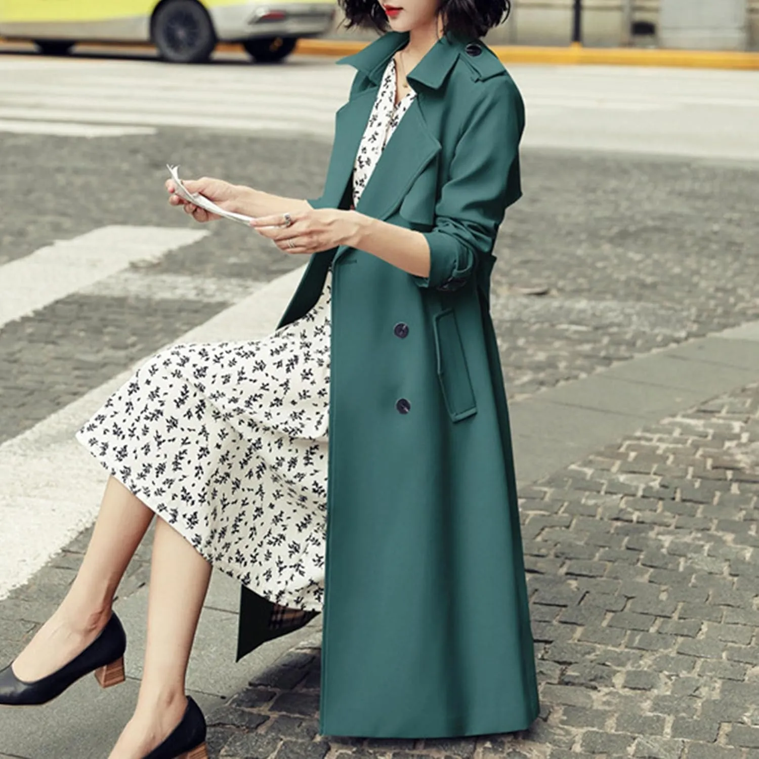 Maiyifu-GJ Womens Double Breasted Trench Coat Classic Lapel Slim Outerwear Long Overcoat Spring Fall Windproof Coat with Belt