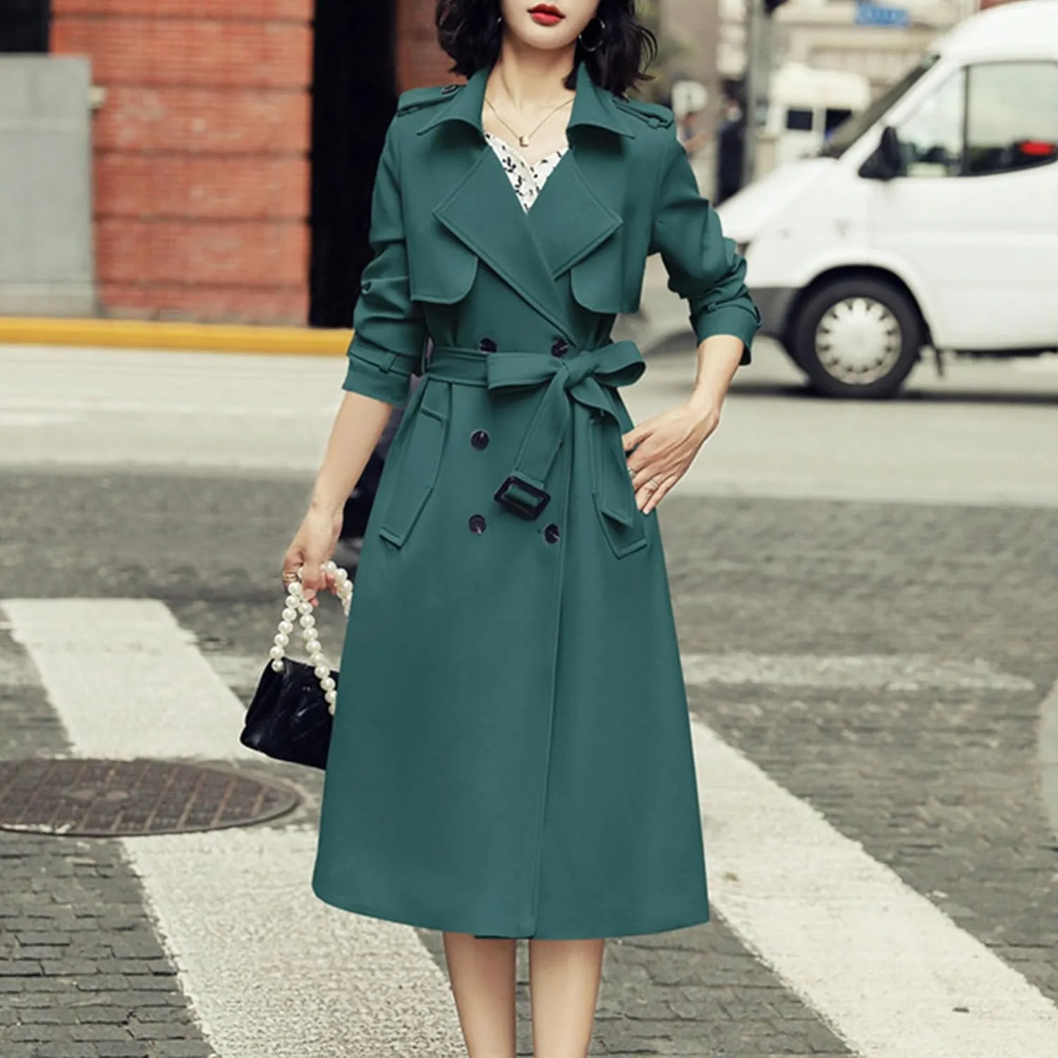 Maiyifu-GJ Womens Double Breasted Trench Coat Classic Lapel Slim Outerwear Long Overcoat Spring Fall Windproof Coat with Belt