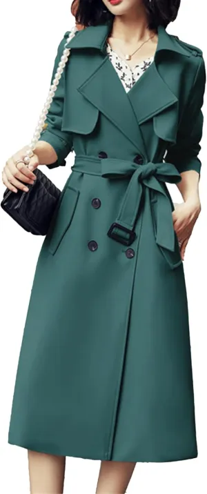 Maiyifu-GJ Womens Double Breasted Trench Coat Classic Lapel Slim Outerwear Long Overcoat Spring Fall Windproof Coat with Belt