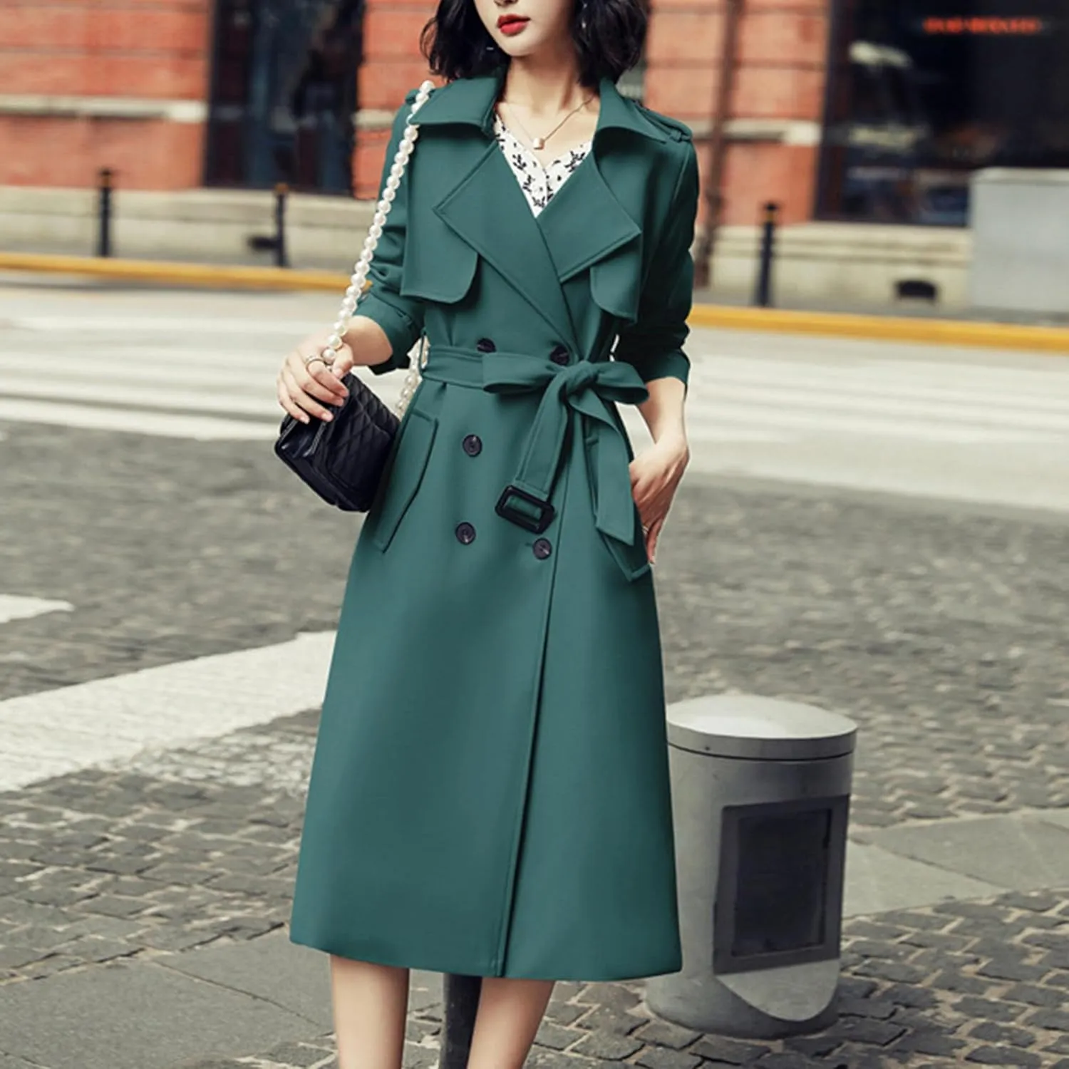 Maiyifu-GJ Womens Double Breasted Trench Coat Classic Lapel Slim Outerwear Long Overcoat Spring Fall Windproof Coat with Belt