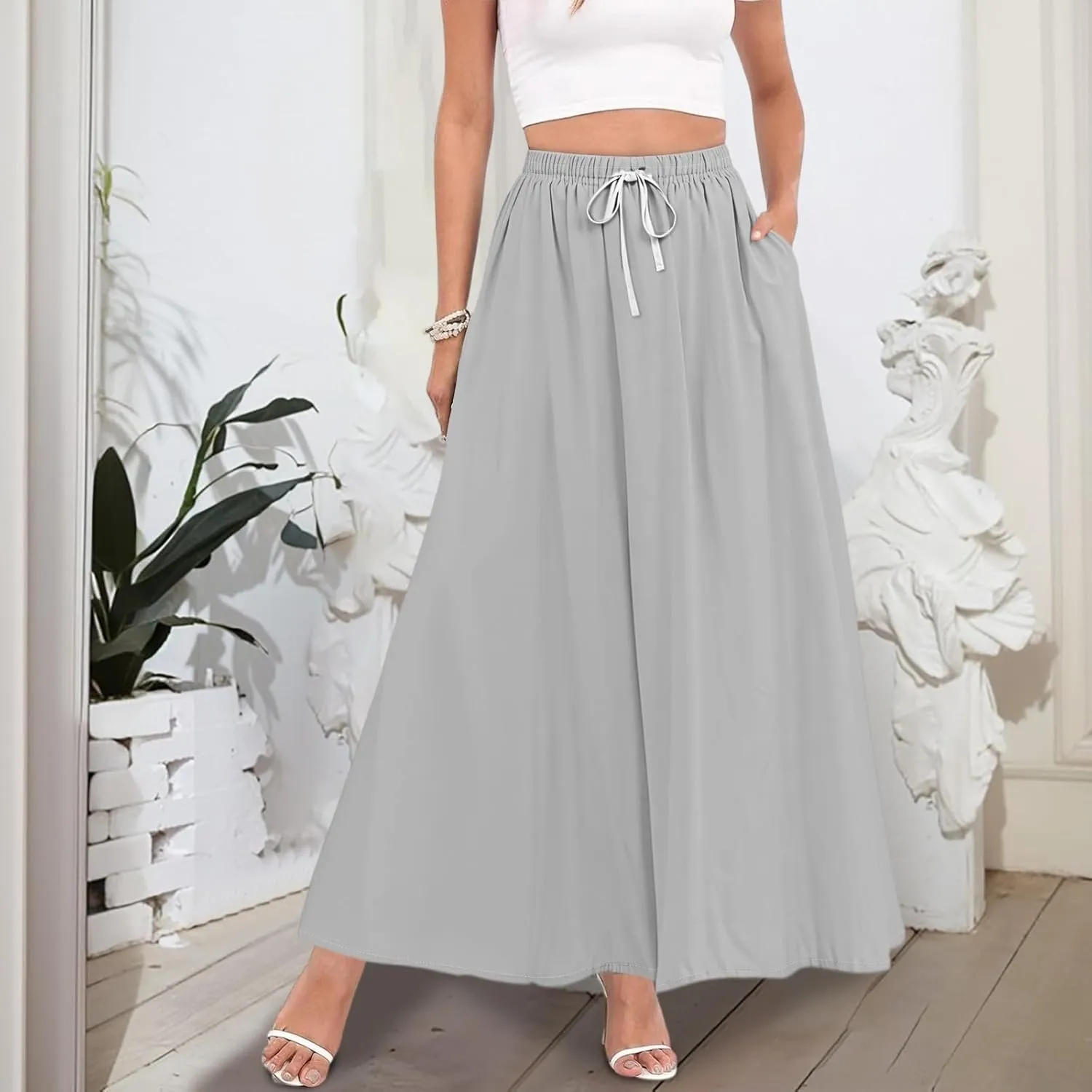 Maxi Floral Flare Skirts for Women 2025 Boho High Elastic Waist A Line Skirt Long Flowy Smocked Skort with Pockets