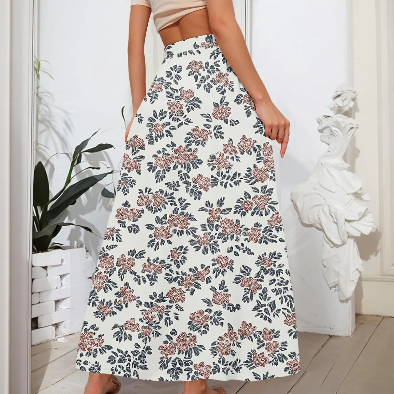 Maxi Floral Flare Skirts for Women 2025 Boho High Elastic Waist A Line Skirt Long Flowy Smocked Skort with Pockets