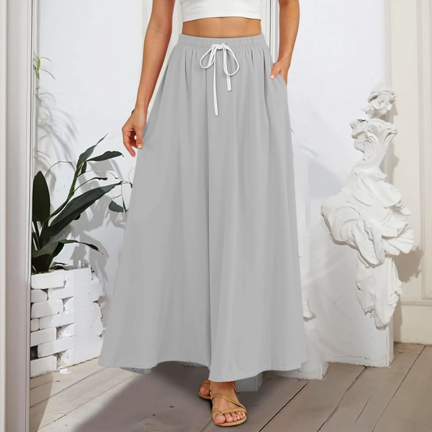 Maxi Floral Flare Skirts for Women 2025 Boho High Elastic Waist A Line Skirt Long Flowy Smocked Skort with Pockets