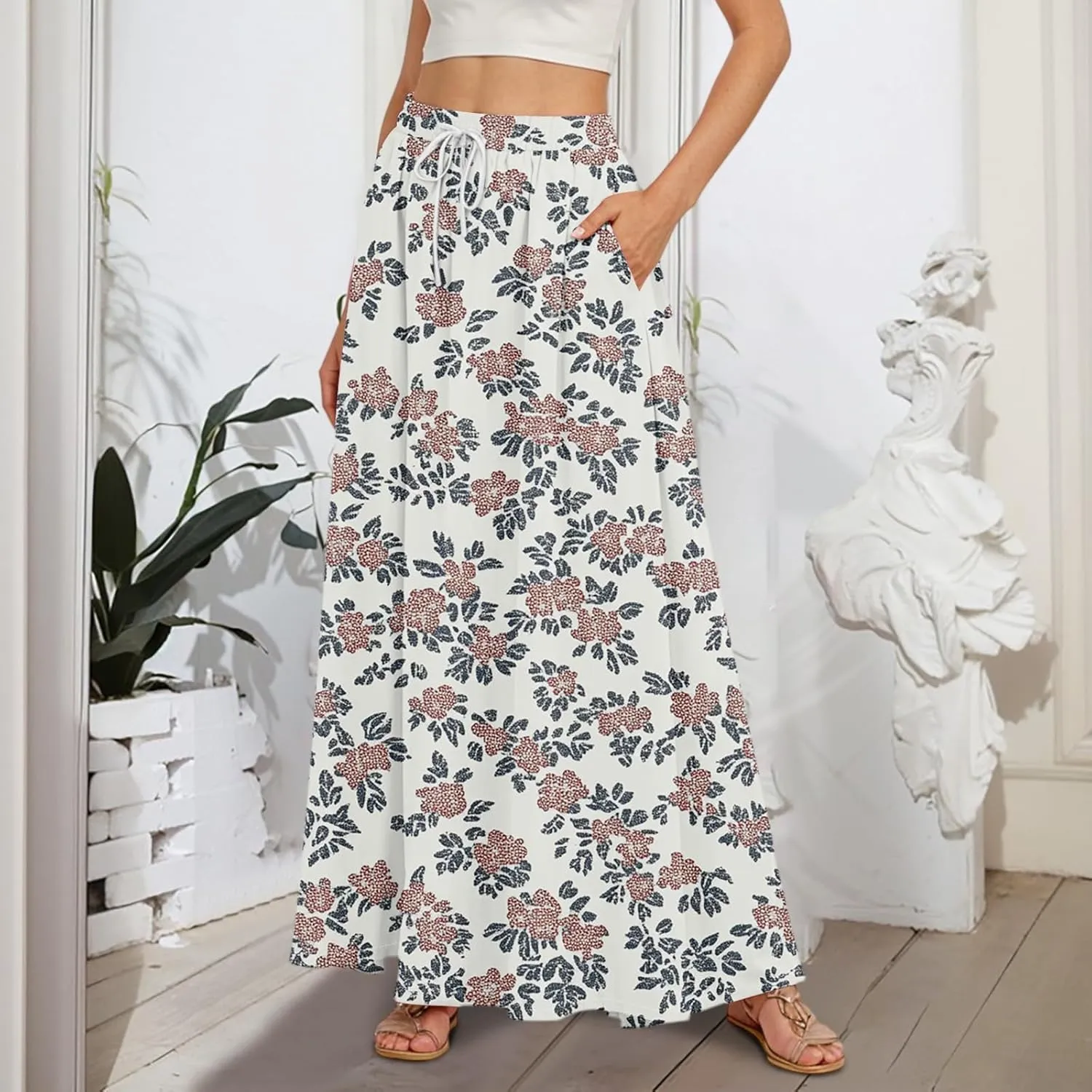 Maxi Floral Flare Skirts for Women 2025 Boho High Elastic Waist A Line Skirt Long Flowy Smocked Skort with Pockets