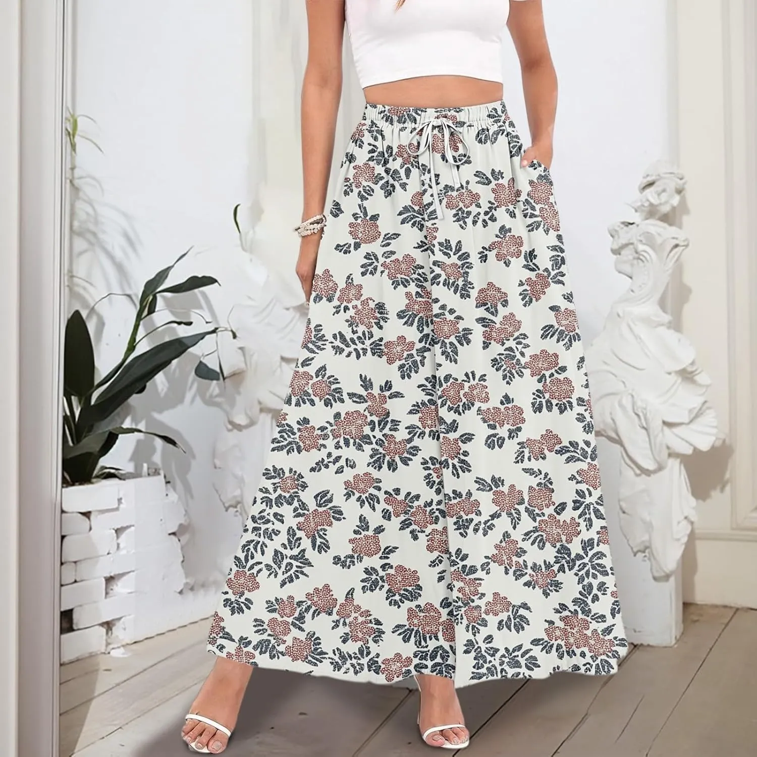Maxi Floral Flare Skirts for Women 2025 Boho High Elastic Waist A Line Skirt Long Flowy Smocked Skort with Pockets