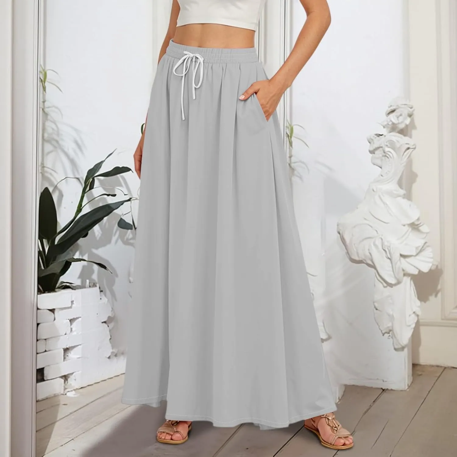 Maxi Floral Flare Skirts for Women 2025 Boho High Elastic Waist A Line Skirt Long Flowy Smocked Skort with Pockets