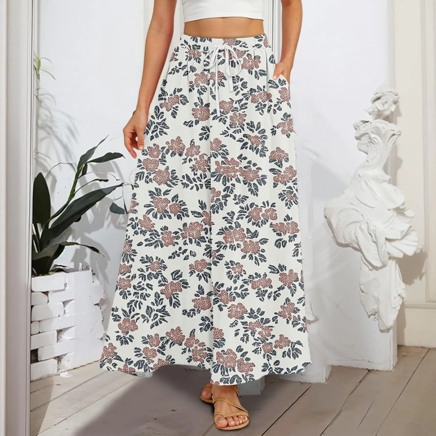 Maxi Floral Flare Skirts for Women 2025 Boho High Elastic Waist A Line Skirt Long Flowy Smocked Skort with Pockets