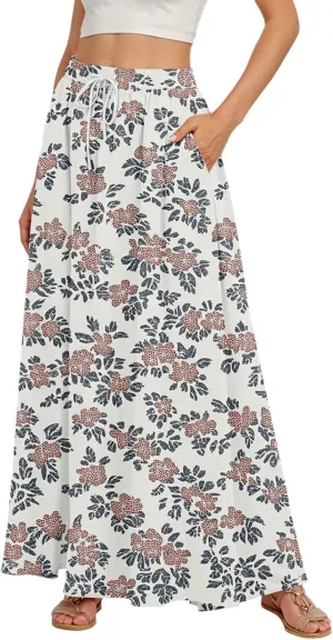 Maxi Floral Flare Skirts for Women 2025 Boho High Elastic Waist A Line Skirt Long Flowy Smocked Skort with Pockets