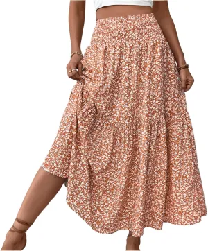 Maxi Floral Skirts for Women Smocked Ruffle Tiered High Waisted Summer Skirt with Pockets Beach Skirt for Vacation