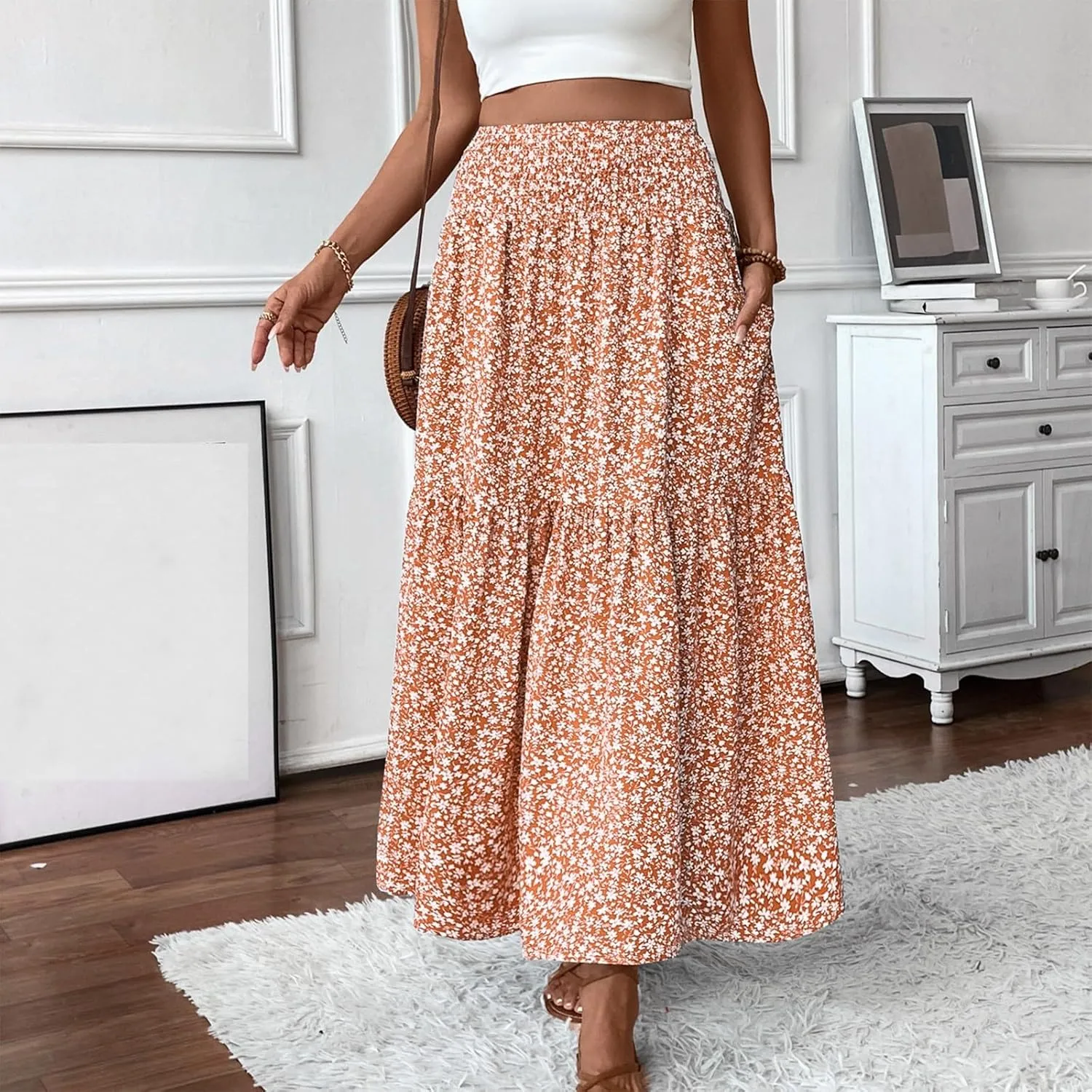 Maxi Floral Skirts for Women Smocked Ruffle Tiered High Waisted Summer Skirt with Pockets Beach Skirt for Vacation
