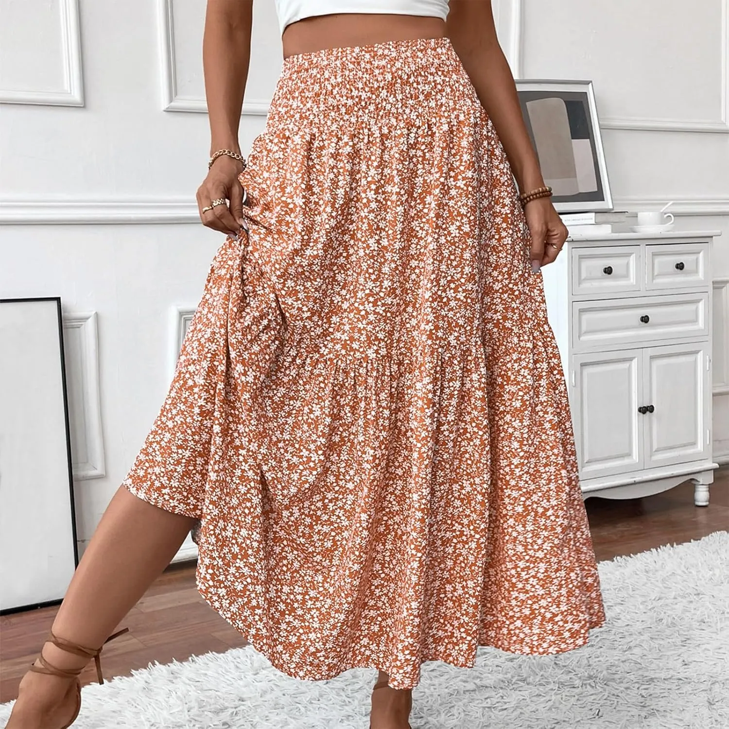 Maxi Floral Skirts for Women Smocked Ruffle Tiered High Waisted Summer Skirt with Pockets Beach Skirt for Vacation